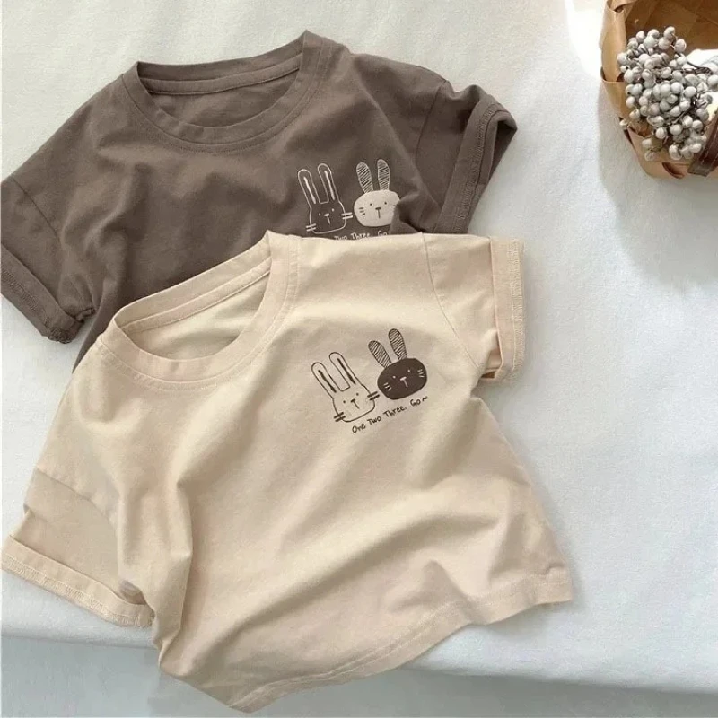 Camiseta infantil verano algodón manga corta cuello redondo conejo