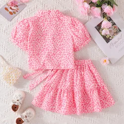 Conjunto niña estilo lujo dos piezas: camiseta de algodón rosa y falda