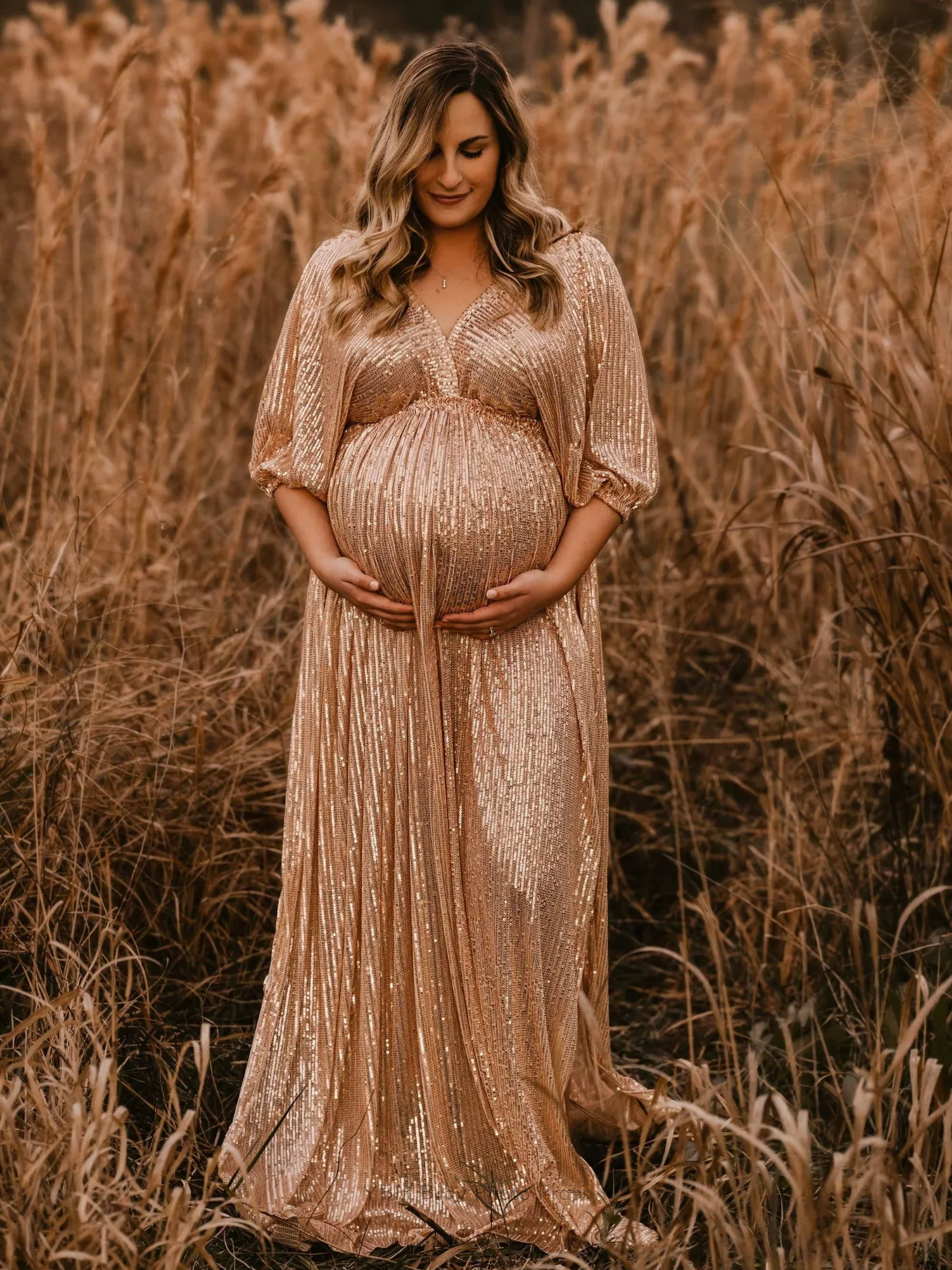 Vestido de maternidad elegante con lentejuelas y cuello V vintage - imagen 2
