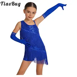Traje de baile latino para niñas con lentejuelas y borlas