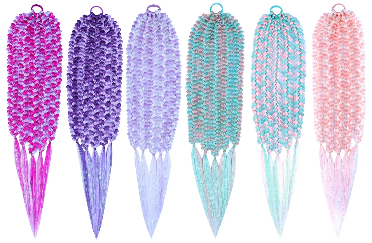 Colas de caballo con trenzas azul claro y rosa