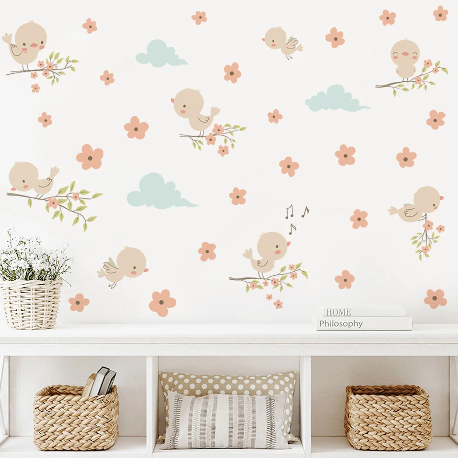 Pegatinas de pared florales con pájaros estilo acuarela infantil - imagen 4