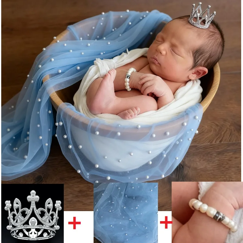 Fondo fotográfico de tul con cuentas de perlas y corona recién nacido - imagen 2