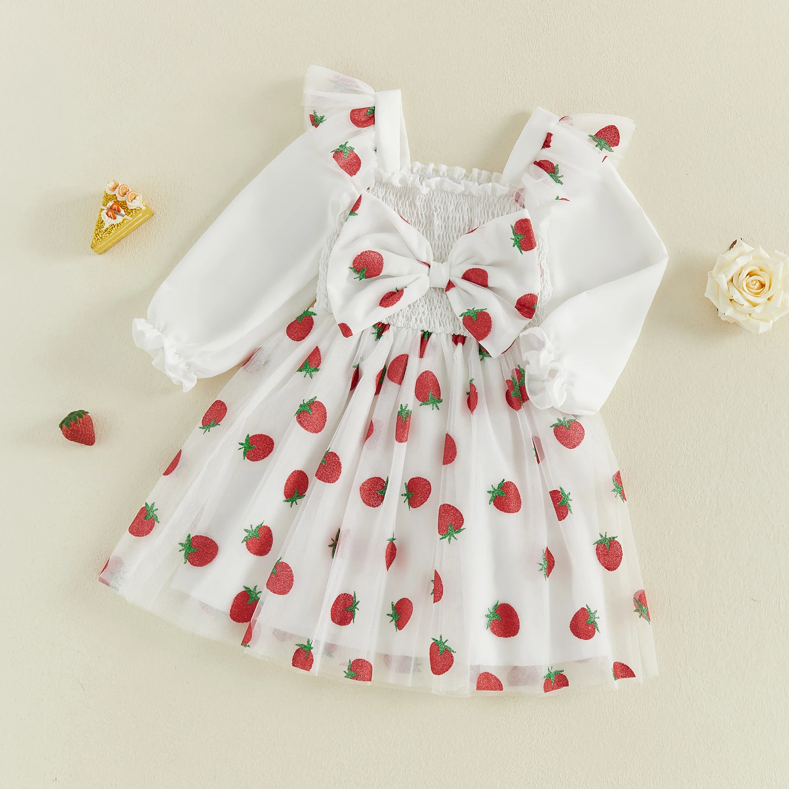 Vestido de otoño para niña pequeña – Manga larga en tul y lazo fresa - imagen 3