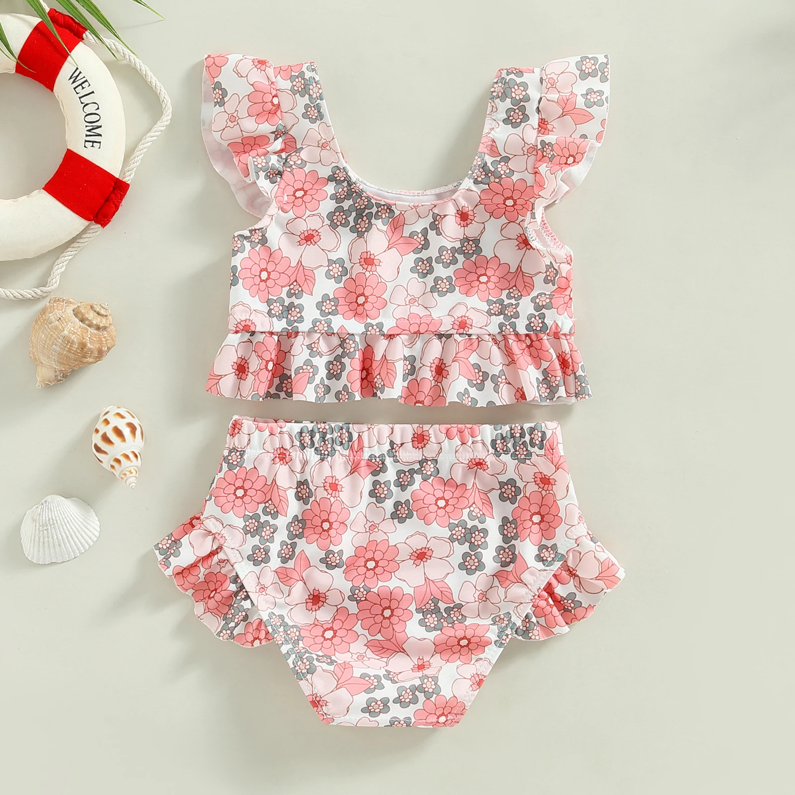 Bikini niña estampado floral con tirantes tipo halter de playa