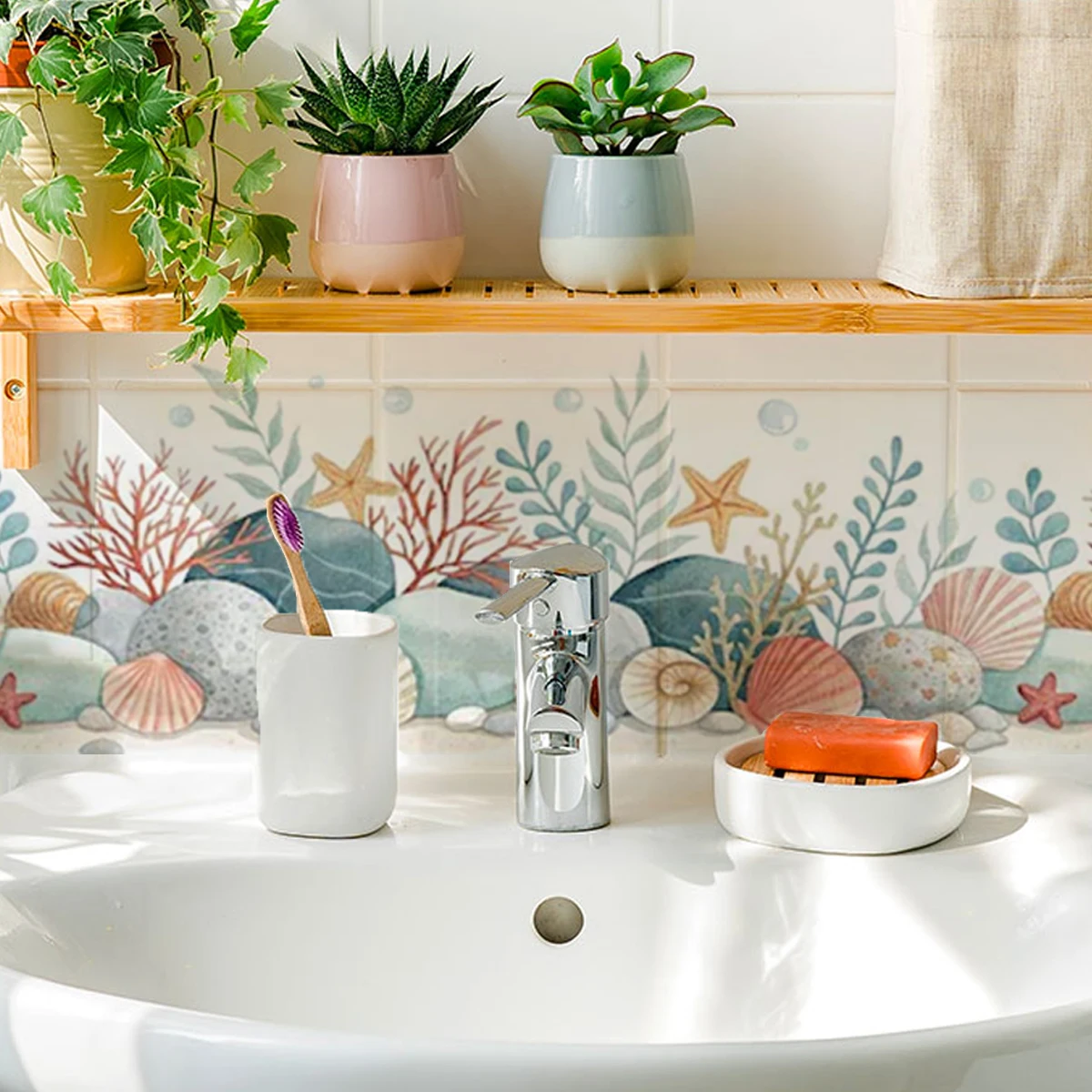 Pegatinas decorativas marinas en pared de baño