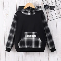Sudadera con capucha infantil deportiva de cuadros patchwork y letras