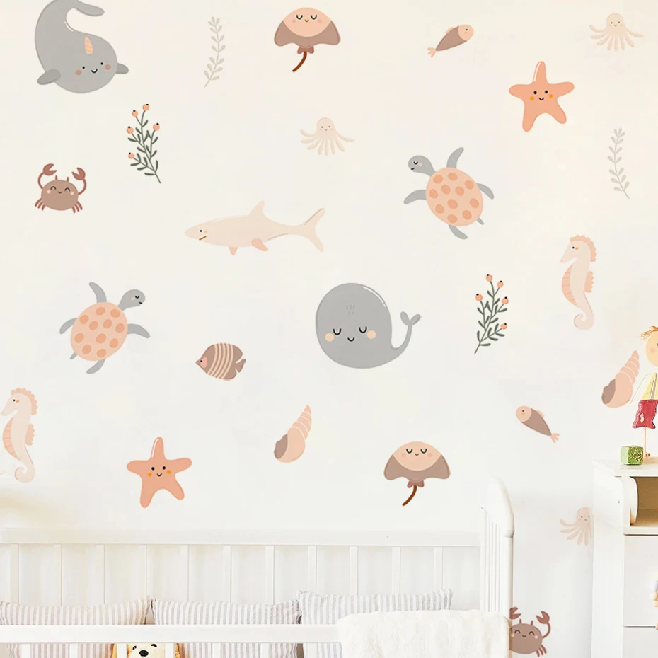Pegatinas de pared infantiles marinas bohemias con delfines y ballenas - imagen 4