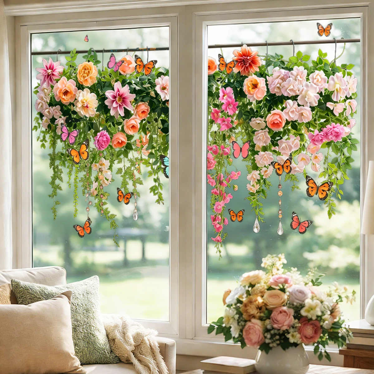 Vinilo estático removible para ventanas con flores y mariposas - imagen 3