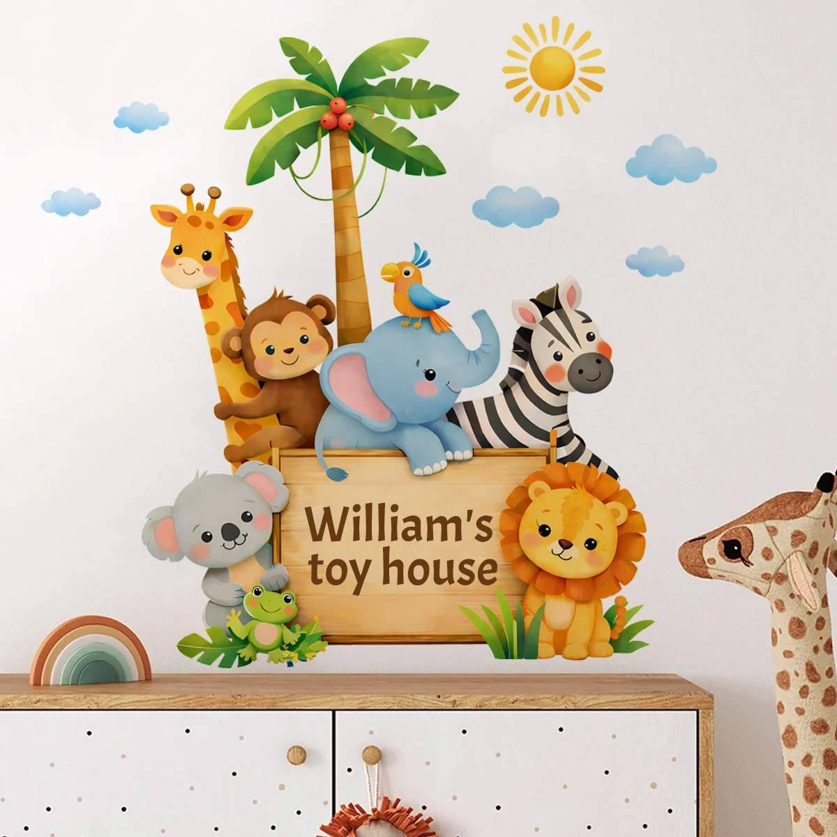 Pegatinas de pared animales selva desmontables con nombre para bebé - imagen 4