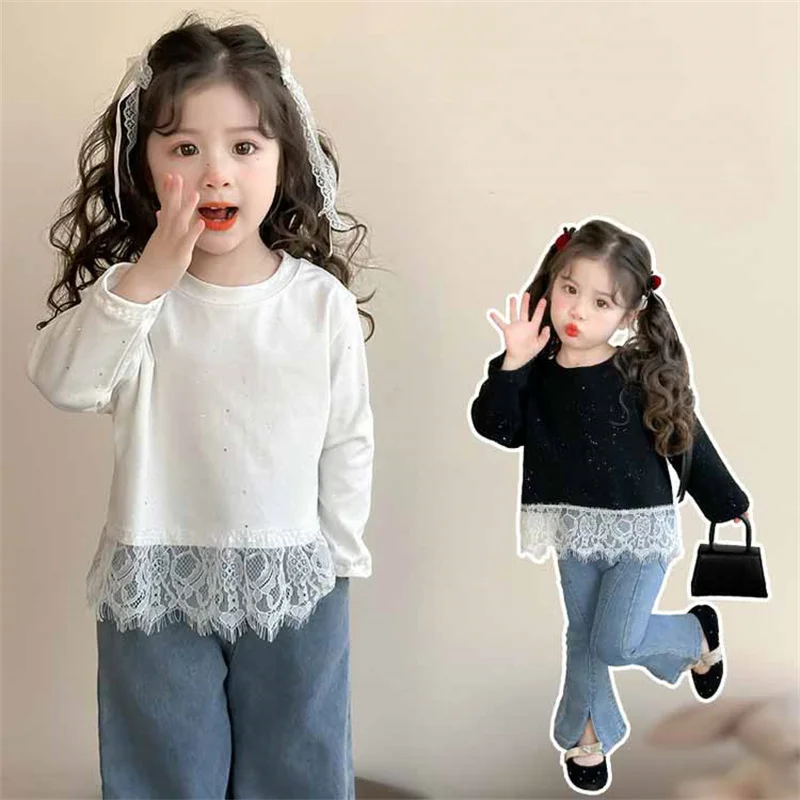 Blusa de manga larga de algodón con encaje para niñas de otoño - imagen 2