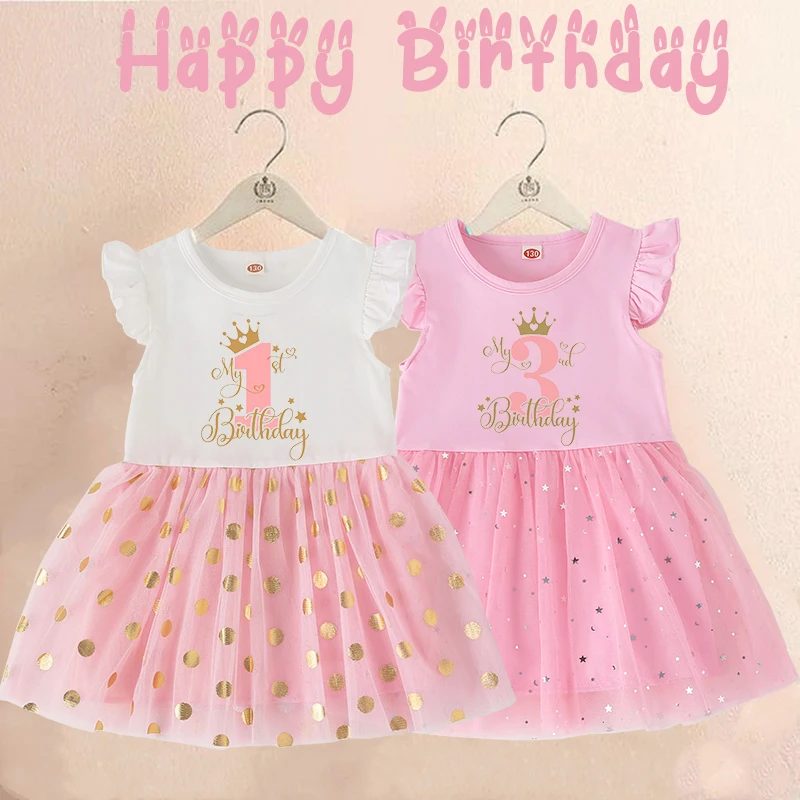 Vestido rosa con lunares dorados para niña – Fiesta de cumpleaños manga corta