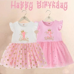Vestido rosa con lunares dorados para niña – Fiesta de cumpleaños manga corta