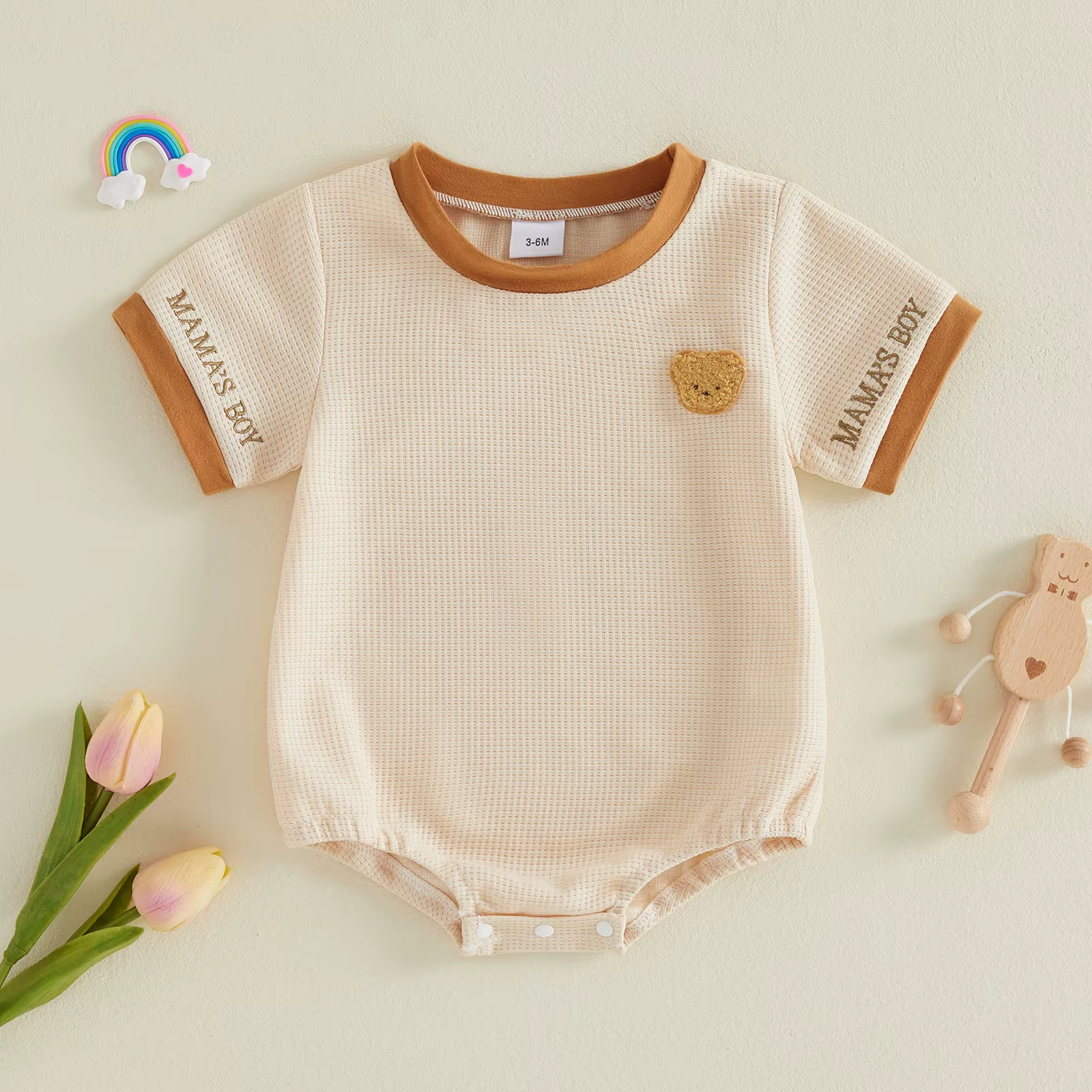 Mameluco de verano para niño cuello redondo bordado gofre manga corta