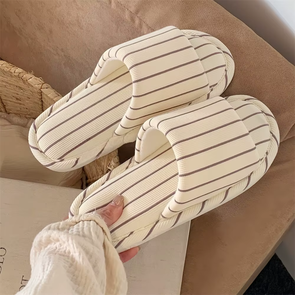 Zapatillas de casa antideslizantes en lino con rayas estilo coreano - imagen 4