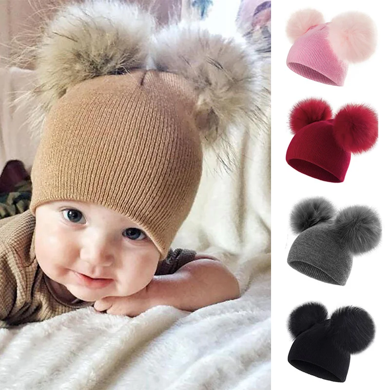 Gorro de bebé con pompones – Tejido suave antiviento para niño y niña