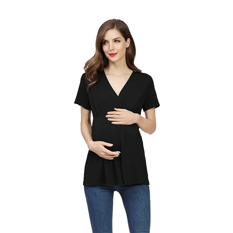 Camiseta de lactancia premamá de verano con cuello en V y elasticidad - imagen 2