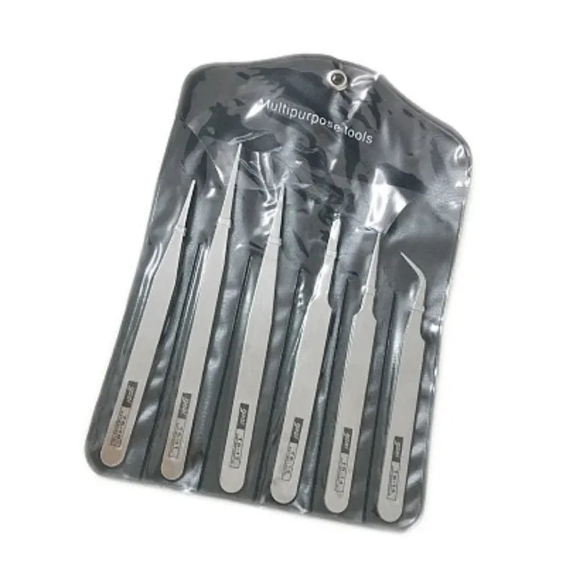 Juego de 6 pinzas de acero inoxidable con puntas rectas y curvadas