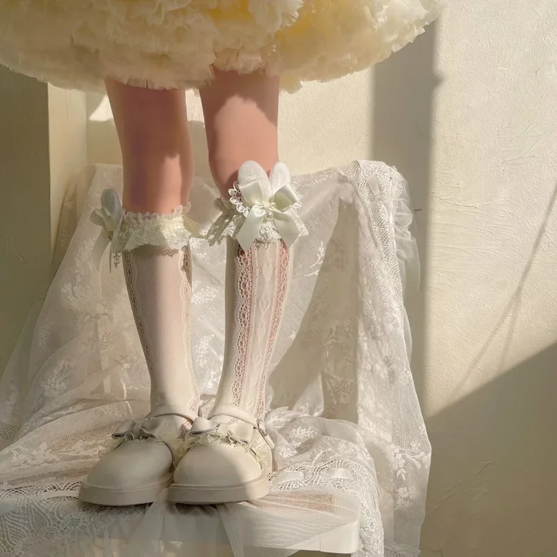 Calcetines largos con lazo de conejo y malla decorativa para niños - imagen 5