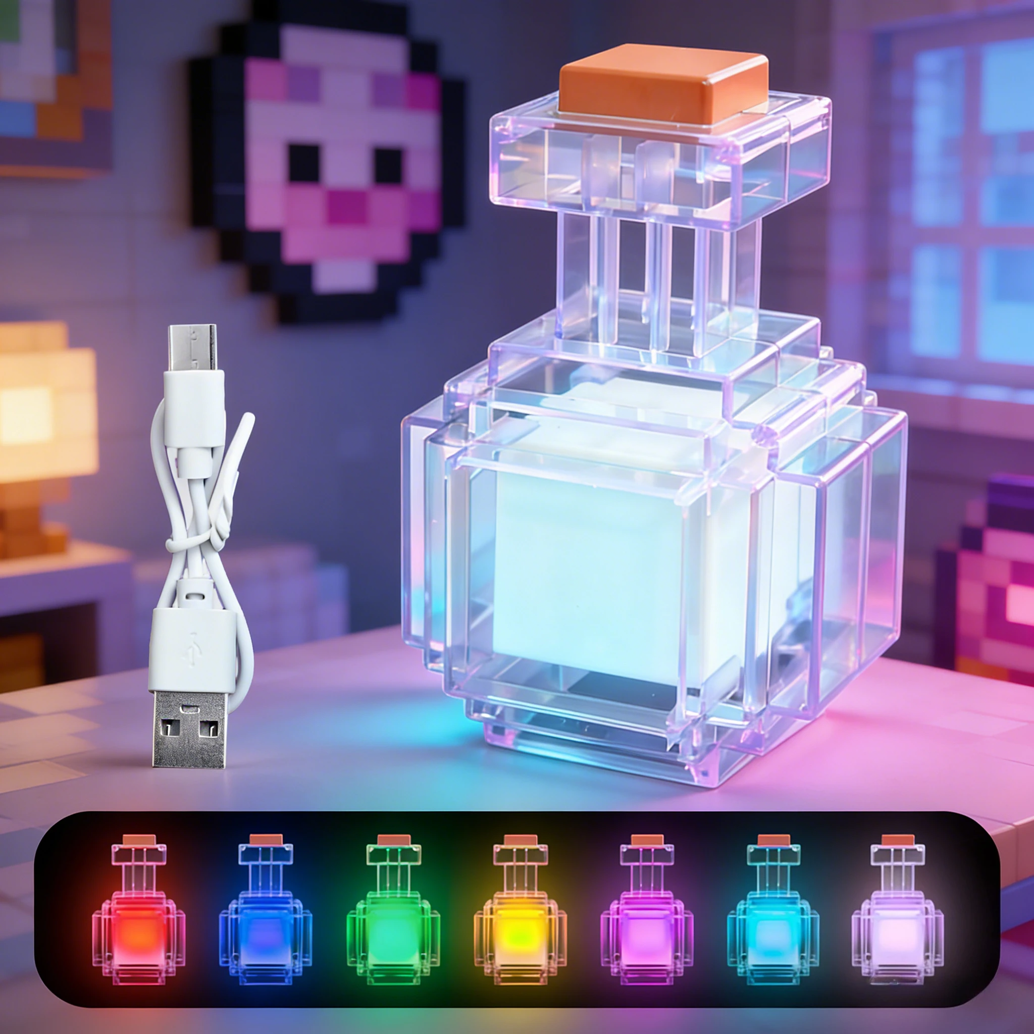 Luz nocturna infantil recargable estilo Minecraft pixel de colores - imagen 5