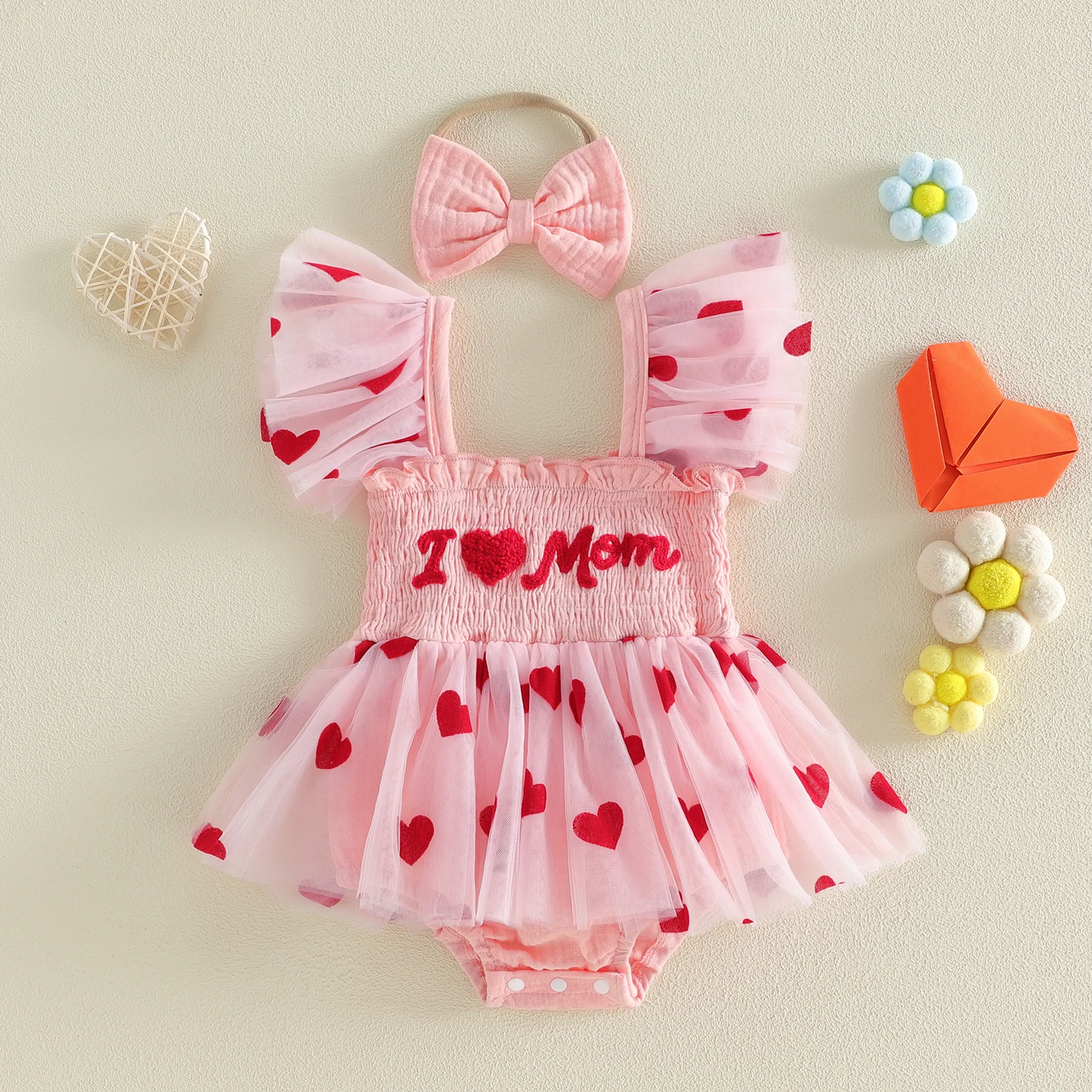 Conjunto bebé niña vestido de tul con diadema lazo corazón