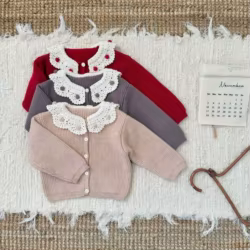 Suéter de niña primavera 2025 cuello vuelto estilo vintage