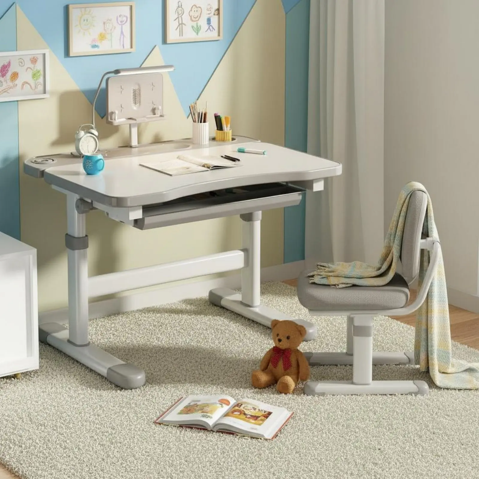 Escritorio infantil ajustable con silla ergonómica y bordes redondeados - imagen 2