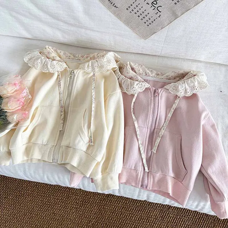 Chaqueta de encaje con cremallera y capucha para niñas primavera - imagen 3