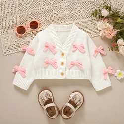 Suéteres de invierno para niñas en punto con lazo rosa y botones
