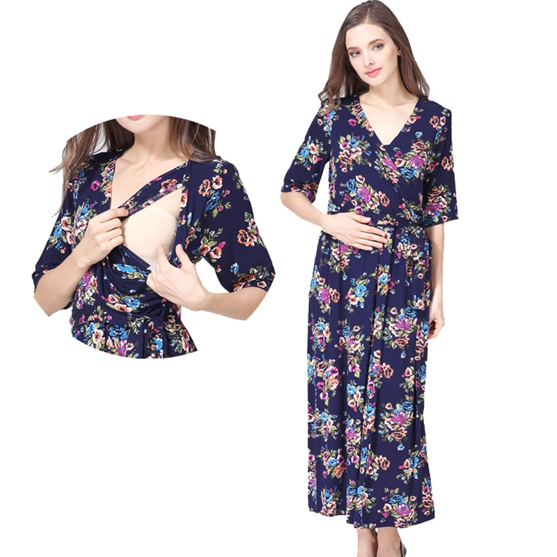 Vestido de lactancia y maternidad, manga larga floral para exterior