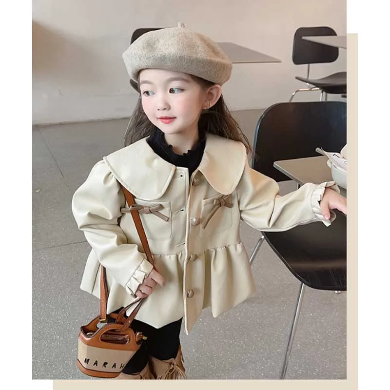 Abrigo de cuero para niñas con solapa y lazo elegante otoñal cálido - imagen 2