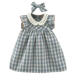 Conjunto vestido a cuadros sin mangas con cuello de muñeca
