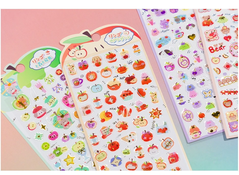 Pegatinas con osos, manzanas y animales estilo cartoon con relieve