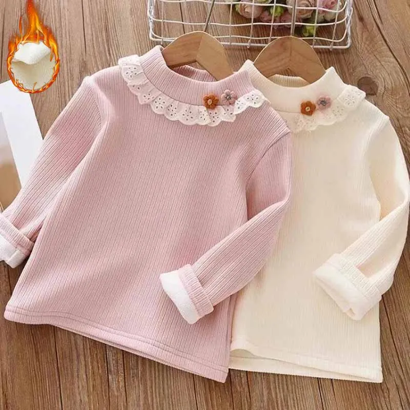 Jersey cuello alto cálido de invierno para bebé con flores de encaje - imagen 4