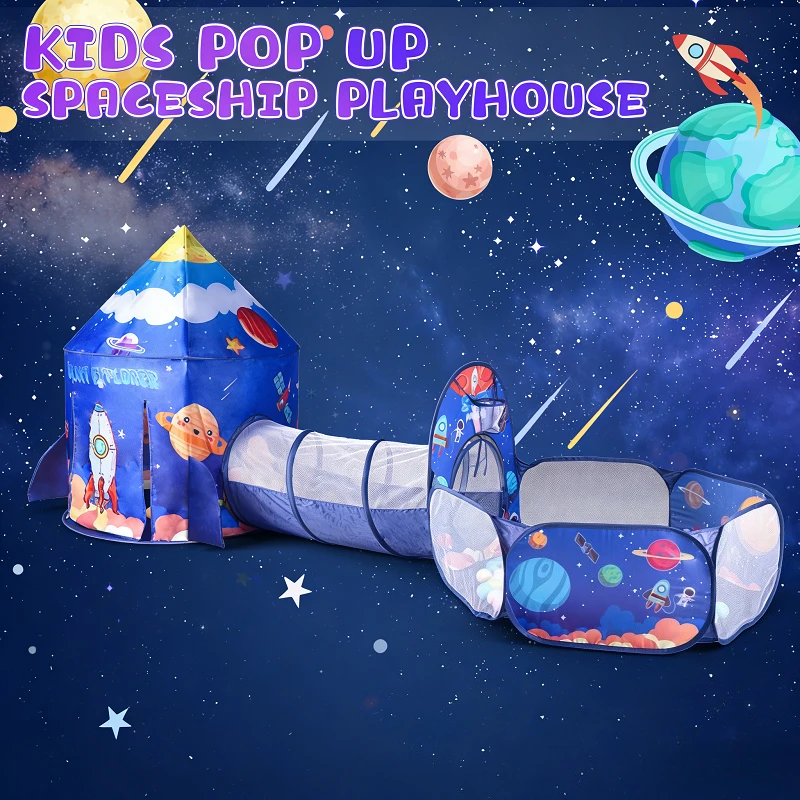 Set de juegos espacial infantil con piscina de bolas y túnel de gateo - imagen 2