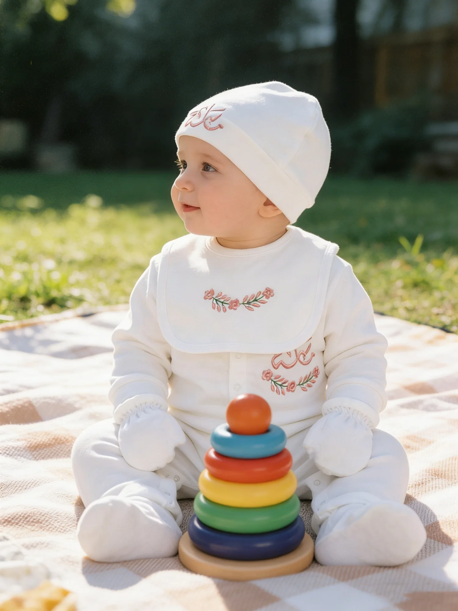 Conjunto bebé niña bordado floral rosa – manta burbuja y babero - imagen 3