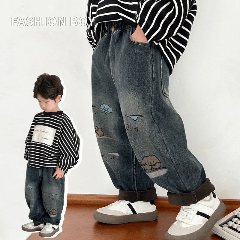 Pantalones vaqueros de lana para niños de invierno con dibujos - imagen 3
