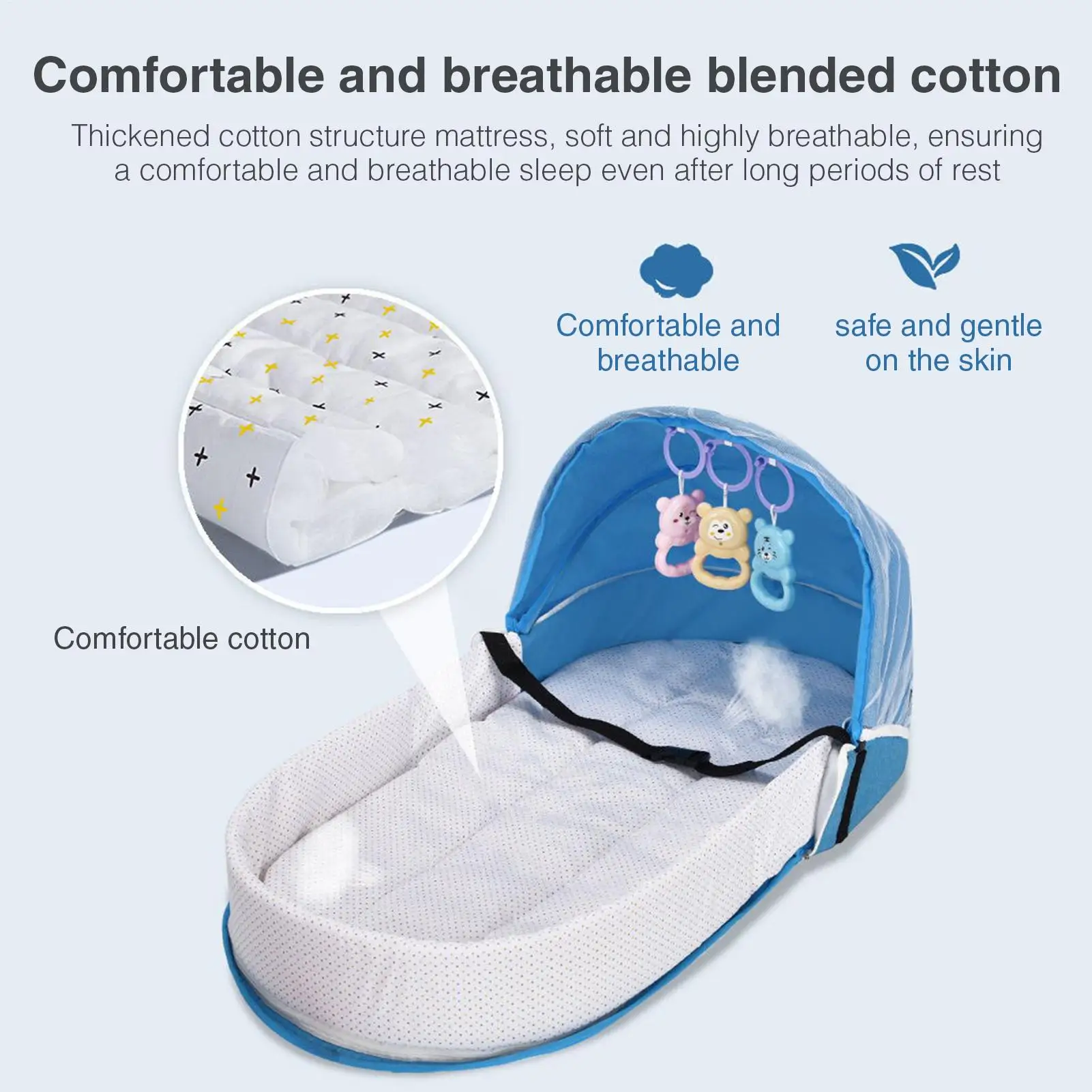 Cama de viaje infantil plegable con parasol, ligera y portátil - imagen 2