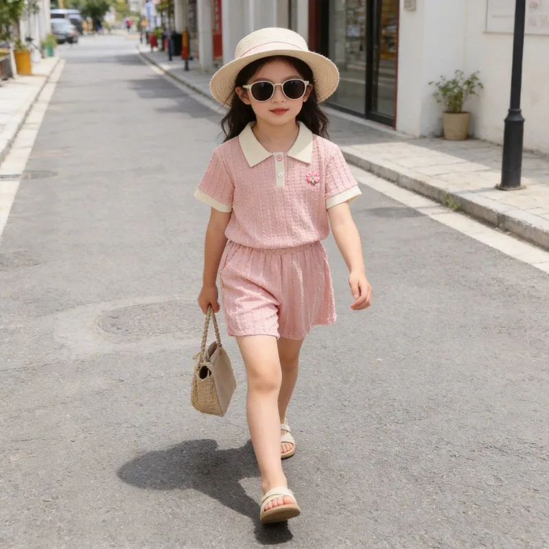 Conjunto de verano niña polo jacquard y pantalón corto - imagen 2