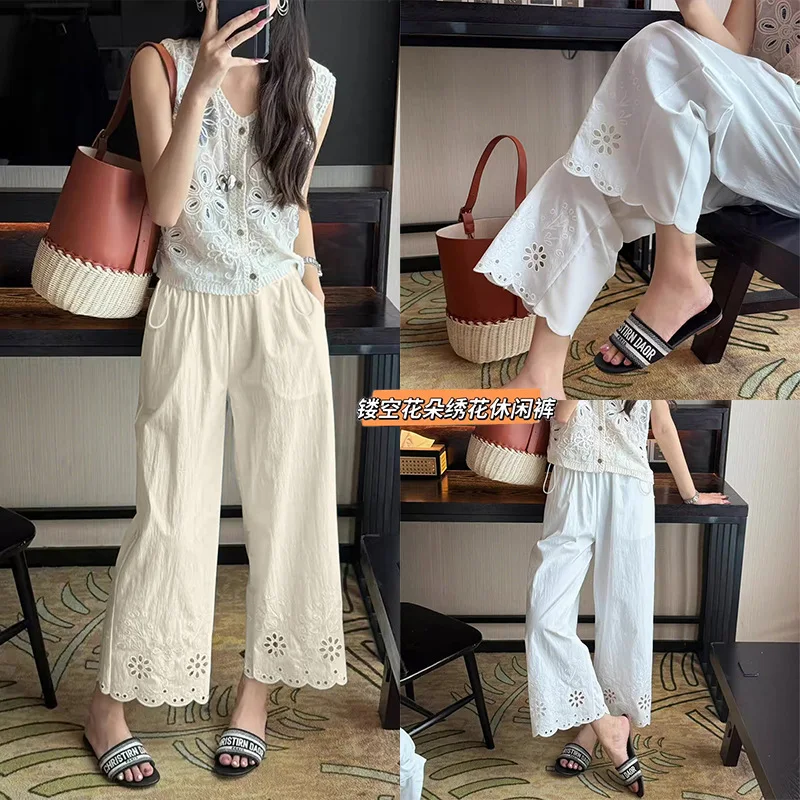 Pantalones de maternidad verano pierna recta con bordado y cordón - imagen 2