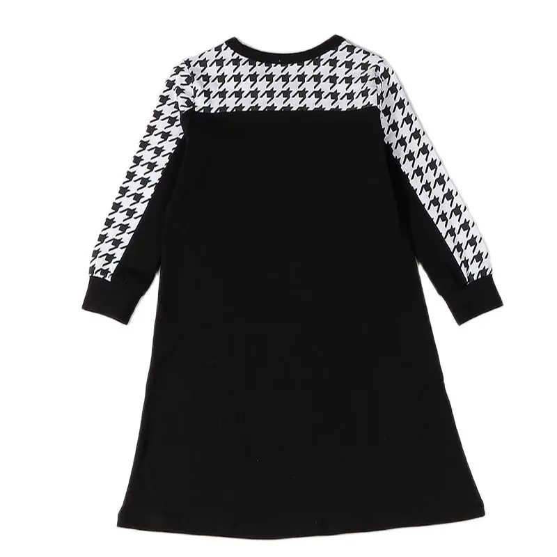 Vestido pata de gallo negro de algodón para niñas - Manga larga - imagen 2