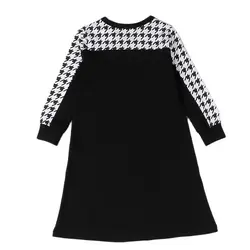 Vestido pata de gallo negro de algodón para niñas - Manga larga
