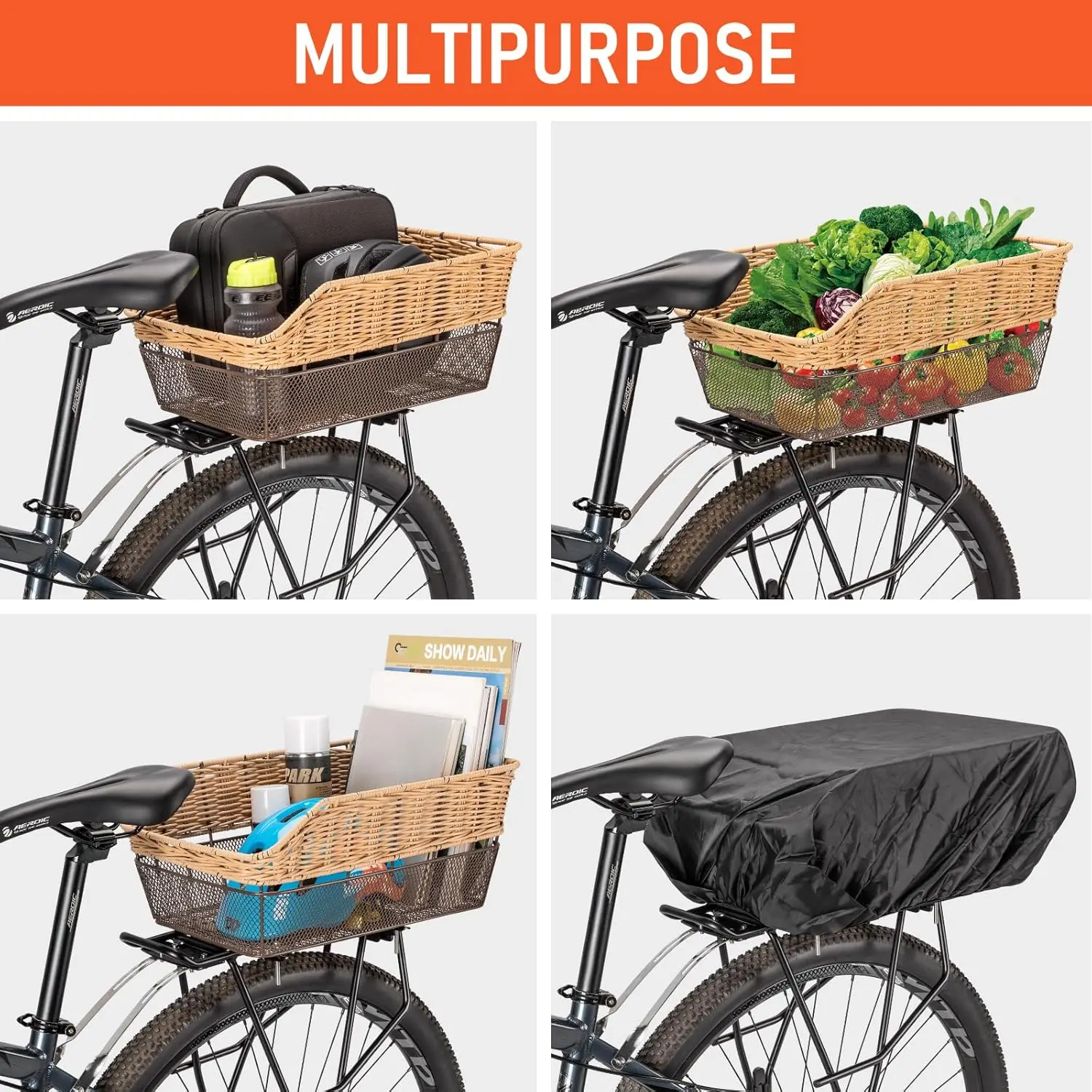 Cesta trasera para bicicleta tejida con red y funda impermeable - imagen 2