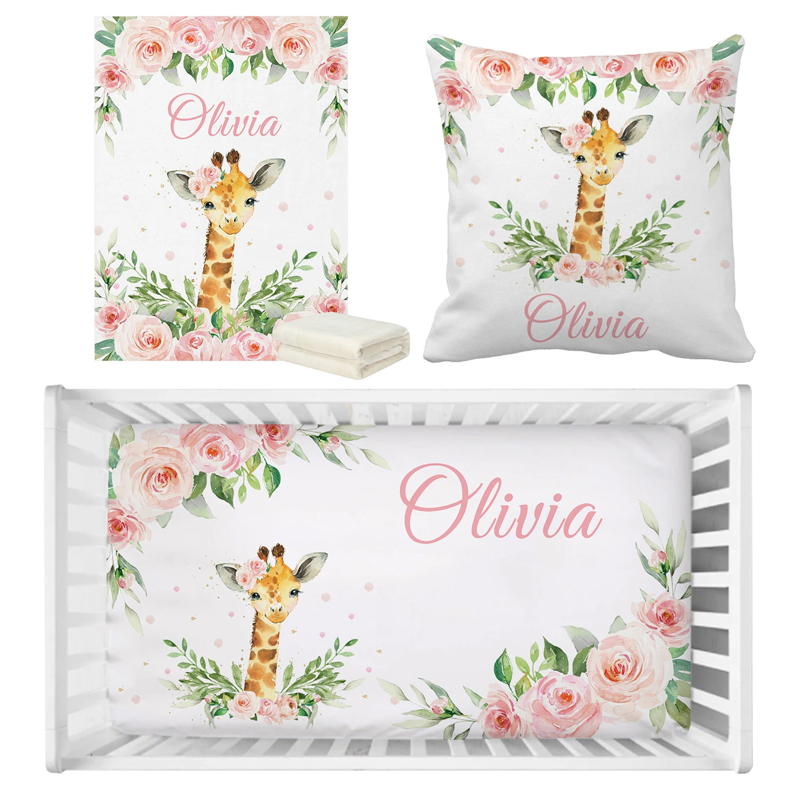 LVYZIHO ropa de cama bebé personalizada con jirafa y flores rosadas - imagen 4