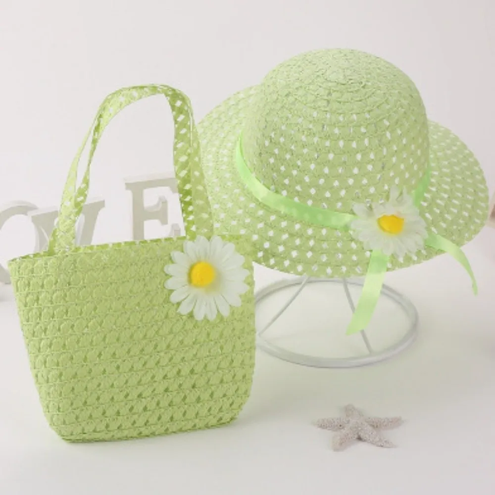 Sombrero de ala ancha infantil de paja con bolso de playa floral