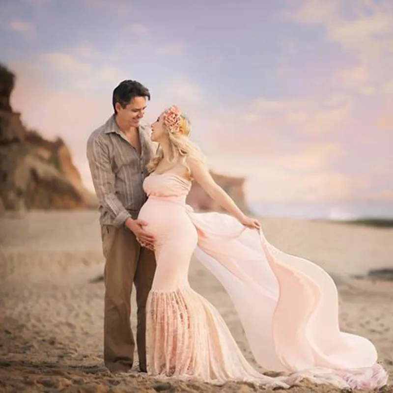 Vestido de encaje rosa sin tirantes para fotos de maternidad - imagen 4