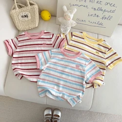 Camiseta niña manga corta a rayas rosas con bloques de color verano