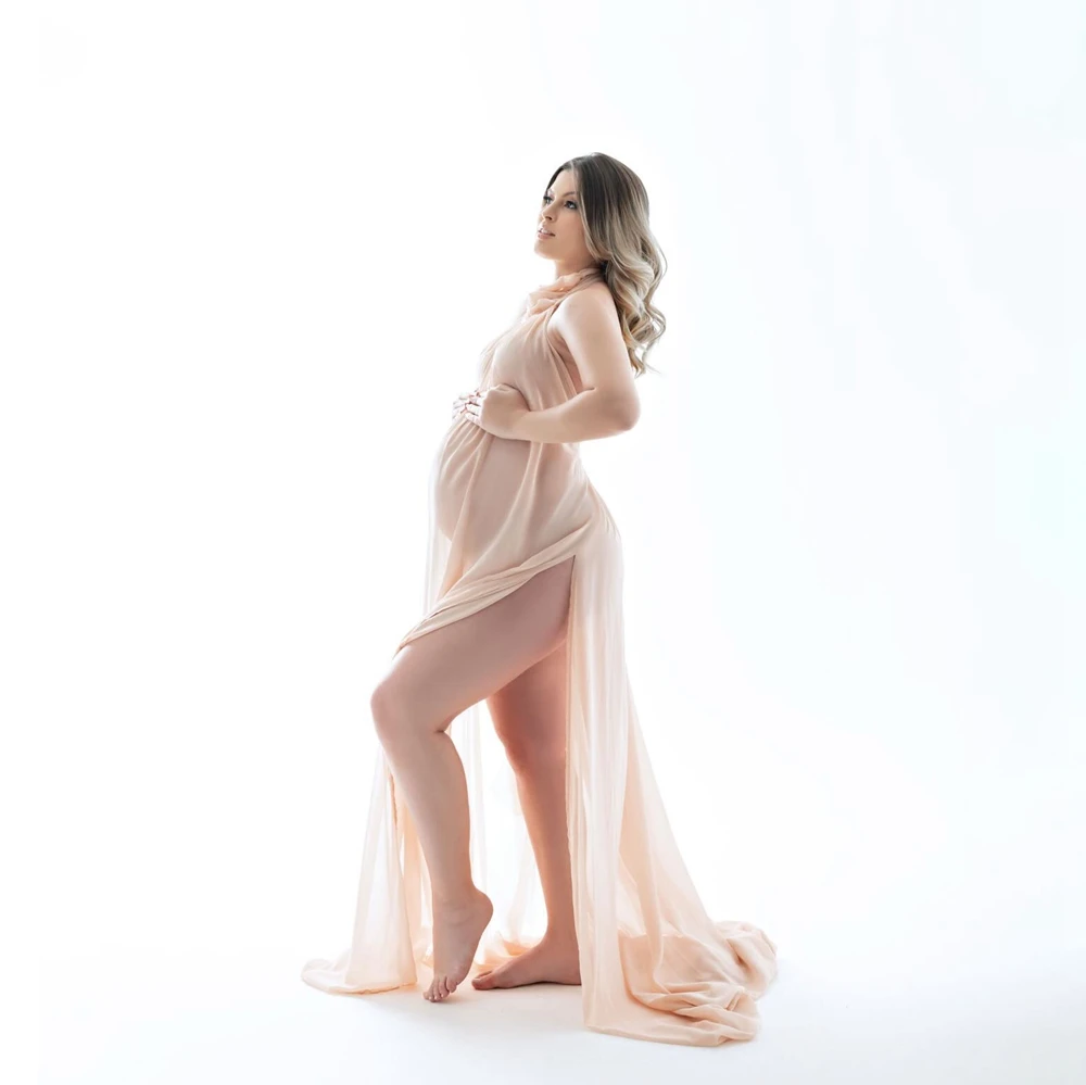 Vestido de embarazo plisado con hombros descubiertos para fotos - imagen 3