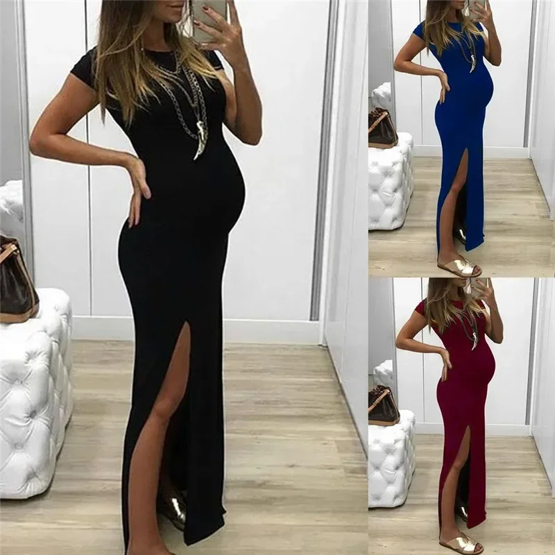 Vestido de maternidad largo entallado liso con cuello redondo - imagen 5