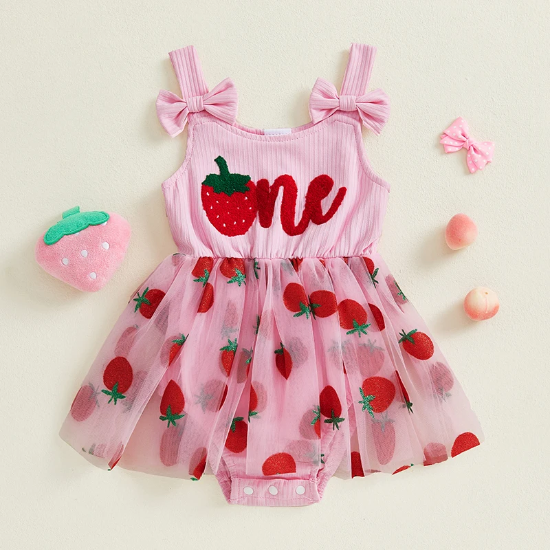 Tregren Vestido de cumpleaños sin mangas para niña con fresa - imagen 2